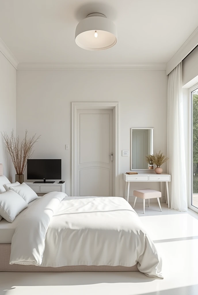 large white room , with a large bed, big tv, lamp on the ceiling, a full-length mirror and a vanity table for putting on my makeup