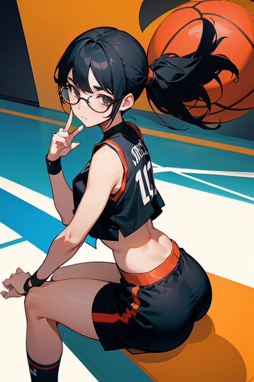A girl wearing glasses, tied up her black hair, wearing a basketball outfit with a crop top and shorts, looking shy and sitting with her butt outstretched.