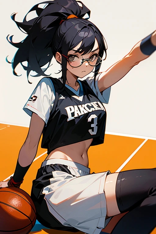A girl wearing glasses, tied up her black hair, wearing a basketball outfit with a crop top and shorts, looking shy and sitting with her butt outstretched.