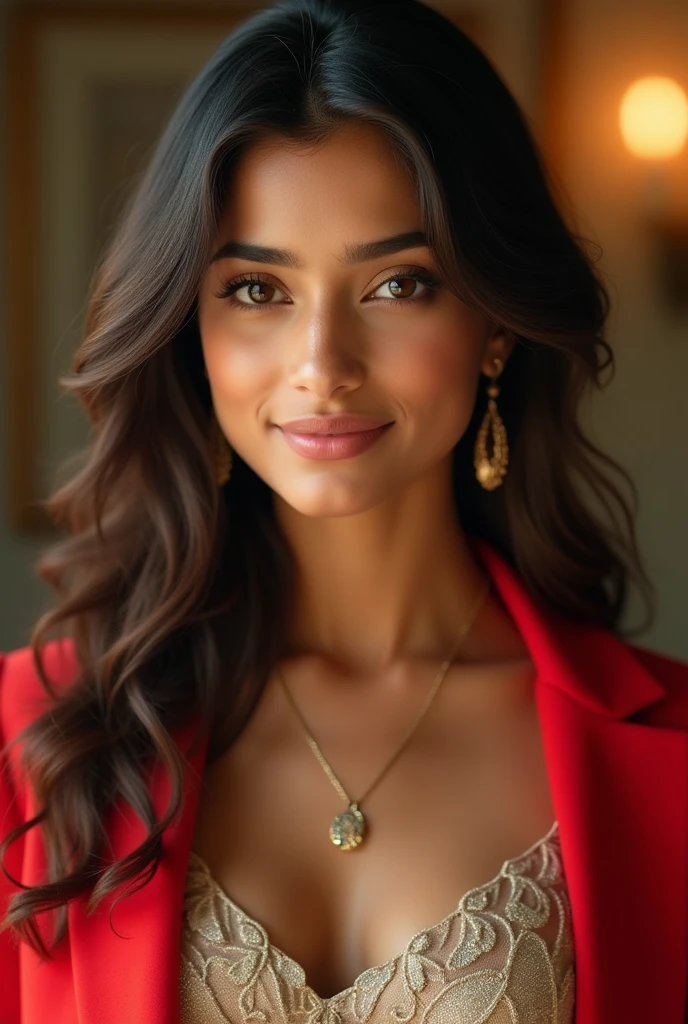 "Create an image of a beautiful Indian girl wearing a stylish top with a vibrant red coat over it. The girl should have eyes similar to Shraddha Kapoor's—large, expressive, and captivating. She should be depicted as the epitome of Indian beauty, with a warm, glowing complexion, long wavy hair, and a face that exudes both innocence and confidence. The background should be soft and elegant to keep the focus on her stunning appearance."