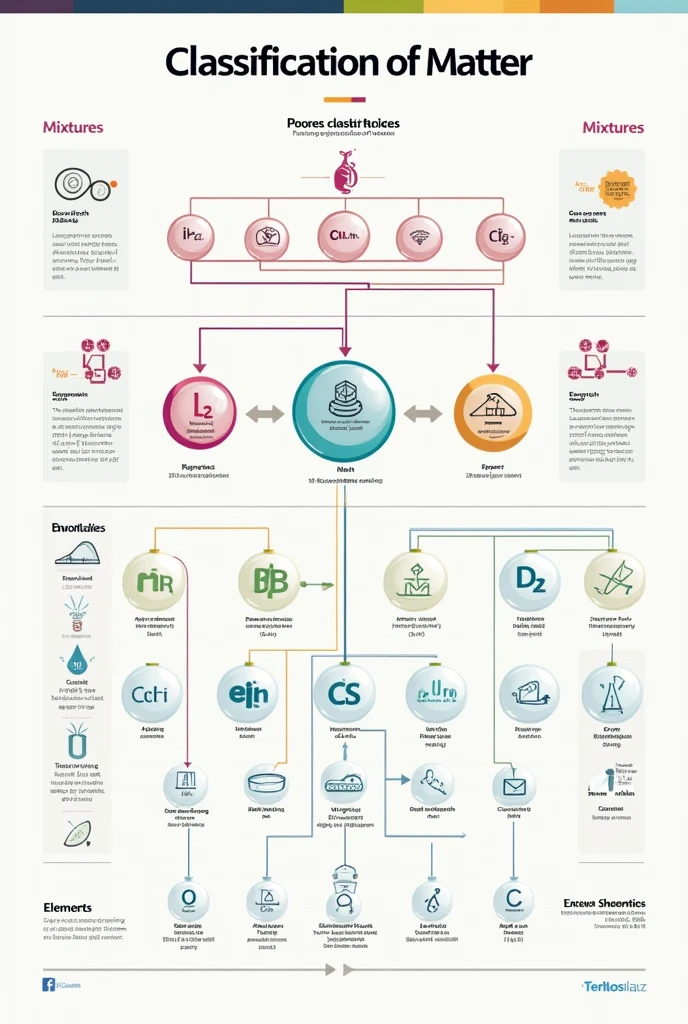  A scheme of the classification of matter that includes pure substances,mixtures compounds,Elements,homogeneous mixtures,heterogeneous mixtures, their classification of each of these as well as examples 