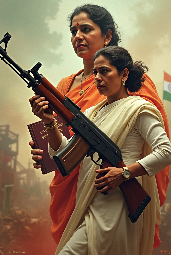 West bengal cm mamta baneerje with ak47 shooting mother india holding constitution book closed in hand