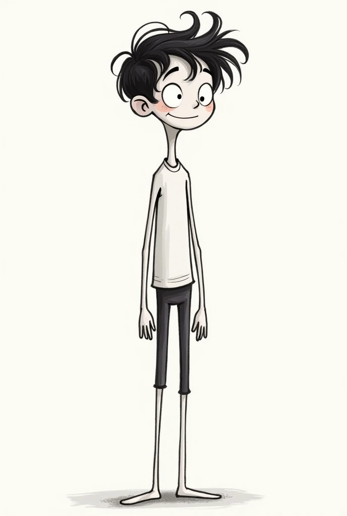 Doodle drawing of a tall, slim fit pale boy with dark hair
