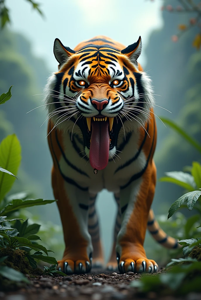 Photorealism 1.2 high definitions  high details realistic bionic tiger robotic at jungle roaring at hills electric spark injured  tiger strip long sharp fangs  saliva dropping  jumping