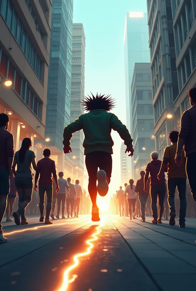 (photorealism:1.2), In the middle of the street, a silhouette passes at high speed between the people, the silhouette is like the path that Flash leaves when running, some characters are surprised, others smile, There are not so many people
