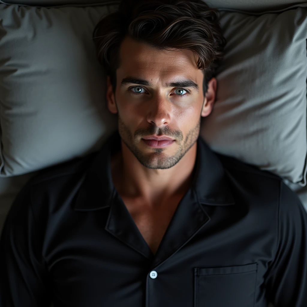 A white man, at 33 years old, model type, with short dark hair, with blue eyes, wearing black pajamas buttoned up, lying in the bed