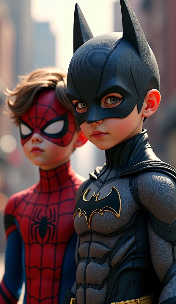 two cute kids as Batman and Spiderman, Batman is 7 years old and Spiderman is 3 years old, batman has black hair, short hair, facing camera, look at the camera, extremely detailed portrait, beautiful detailed eyes, beautiful detailed lips, extremely detailed facial features, detailed superhero costume, superhero poses, dynamic action, vibrant colors, cinematic lighting, epic fantasy, digital art, 8k, high resolution, hyper detailed, photorealisti4