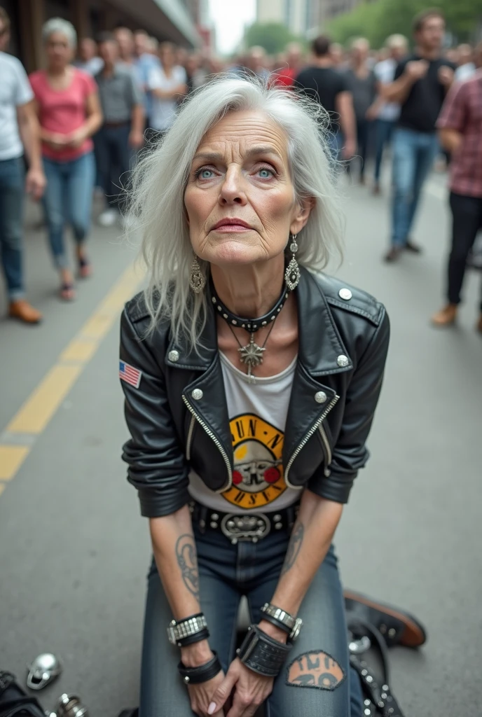 russian old milf woman, grey hair, very light blue eyes, extremely pale. Wearing cropped black moto jacket with lots of zippers and pins, t-shirt with guns and roses logo, dark skinny blue jeans and white tennis sneakers . Lots of metallic bracelets and collars. Tacky wide leather belt with oversized skulls and bones buckle. Long earrings. Kneeling like in a payer, humble attitude Hands on her knees, thin legs and thin arms. A lot of people around, studded black leather tote bag on the floor,her belongings scattered around. Badeges and pins on jacket. Leather gloves. Tattoed cleavage, hands and arms