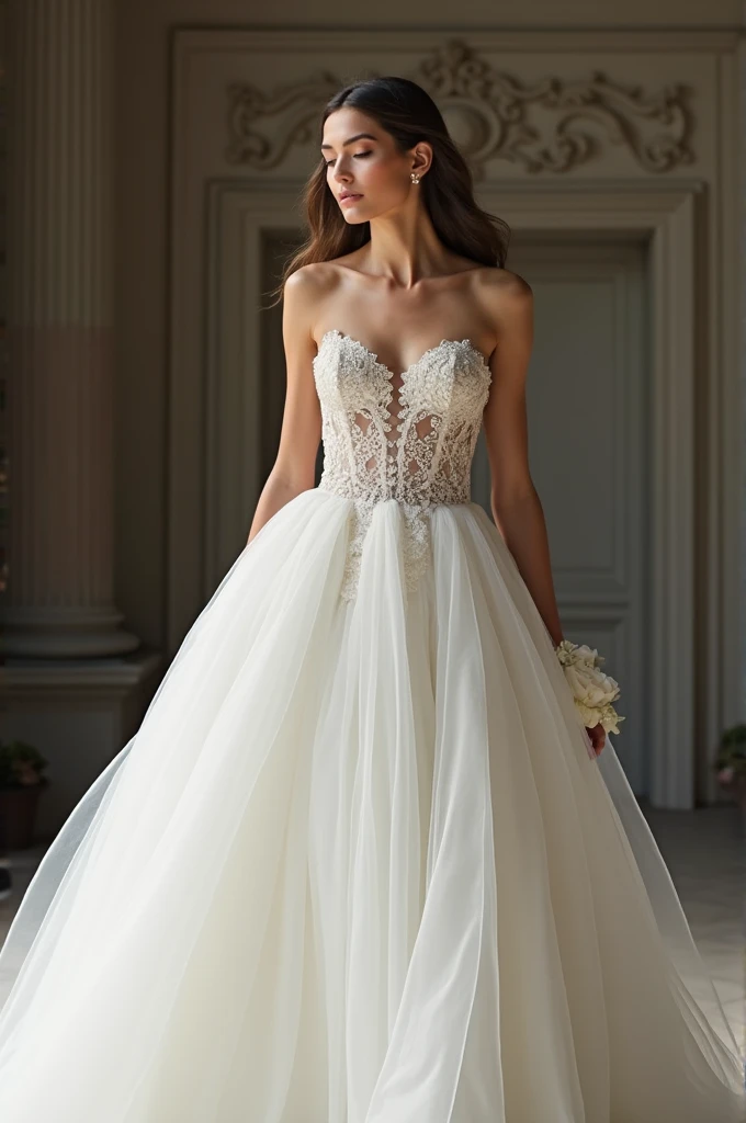 Your collarbone is exposed with the wedding dress model. It's tight on top and perfectly highlights your bust with the almost lacy fabric., but from the waist onwards this changes and gains more volume. He looks like he's strapless, but it has small sleeves, also of income, that stay in your arms.