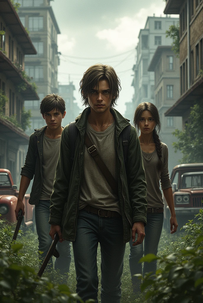 Generate me an image of the cover of a book about the last of us where 4 characters named Nick appear, 28 years old, 16 year old girl, Ellie, 17, and Joel, 30