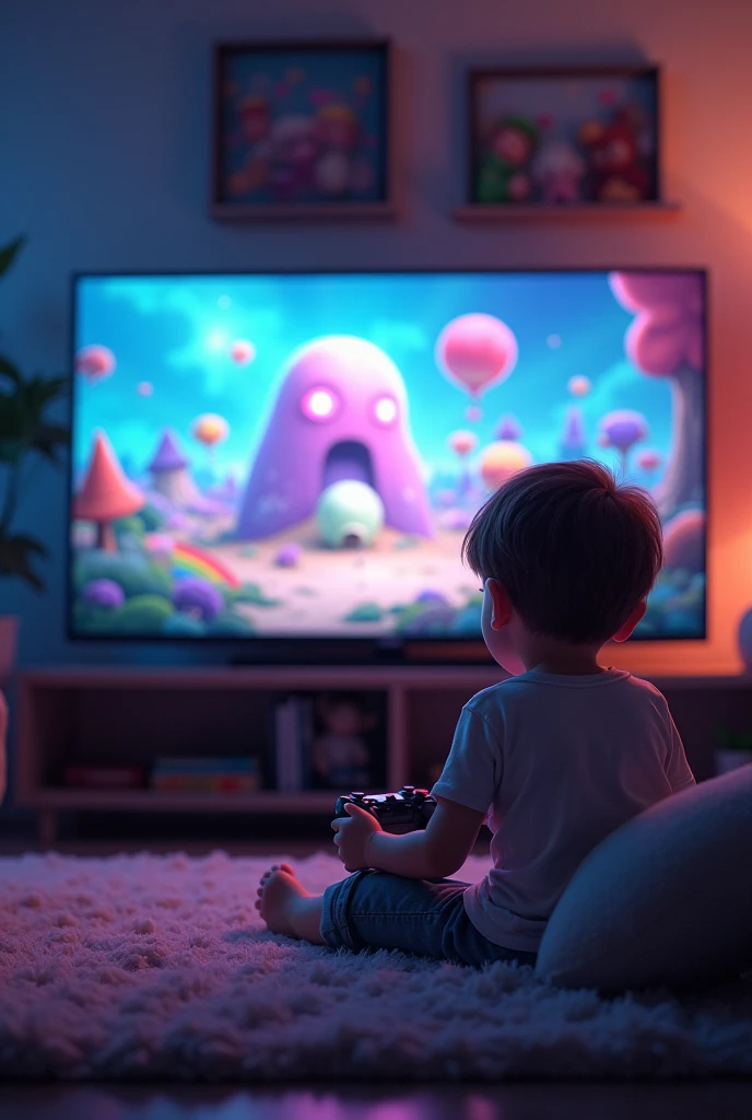 I want a picture of a big TV, where a child is shown playing video games 
