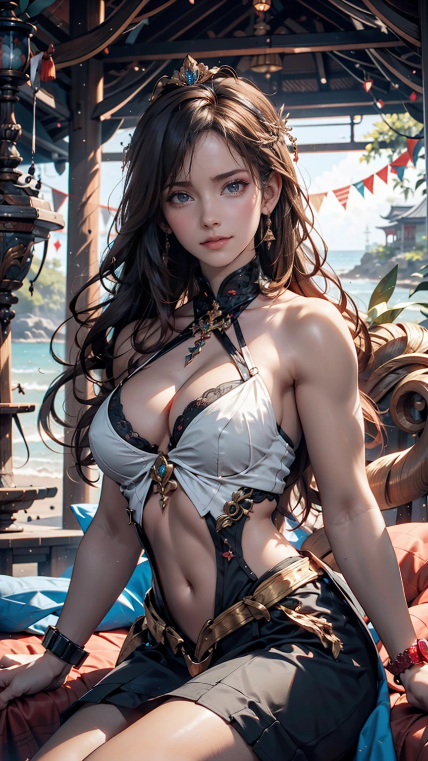 There is a woman sitting on the beach holding a watch, Queen of the Sea Mu Yanling, Beautiful digital art, Highly detailed digital art in 4K, Beautiful Fantasy Empress, 8K high quality, detailed art, Fantasy Beautiful, Jan J, Beautiful gorgeous digital art, Gwaiz, artwork in the style of Gwaiz, Beautiful fantasy art, Chinese Fantasy
