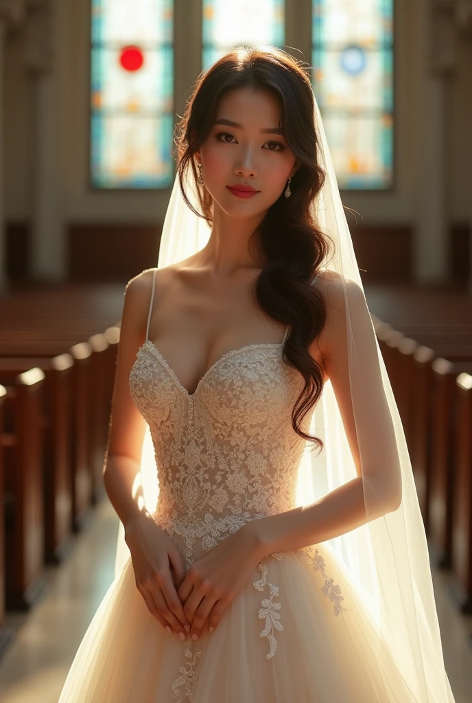extremely beautiful asian woman, wearing wedding clothes, full body portrait, translucent body, front angle, curvy woman body shape, (small sized tits:1.2), (small sized tits:1.2), inside the church, (smooth skin:1.5), extremely detailed, (32k, RAW photo, UHD:1.2, captured by Hasselblad X2D), ultra detailed, ultra high resolution