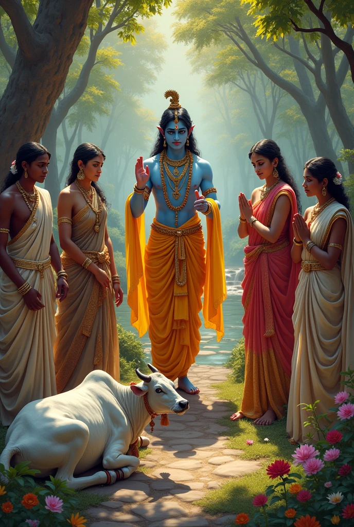 Lord Krishna teaching by his students. And that side cow praying on ground 