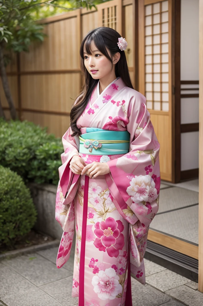 Wearing a kimono with a camellia patterned obi