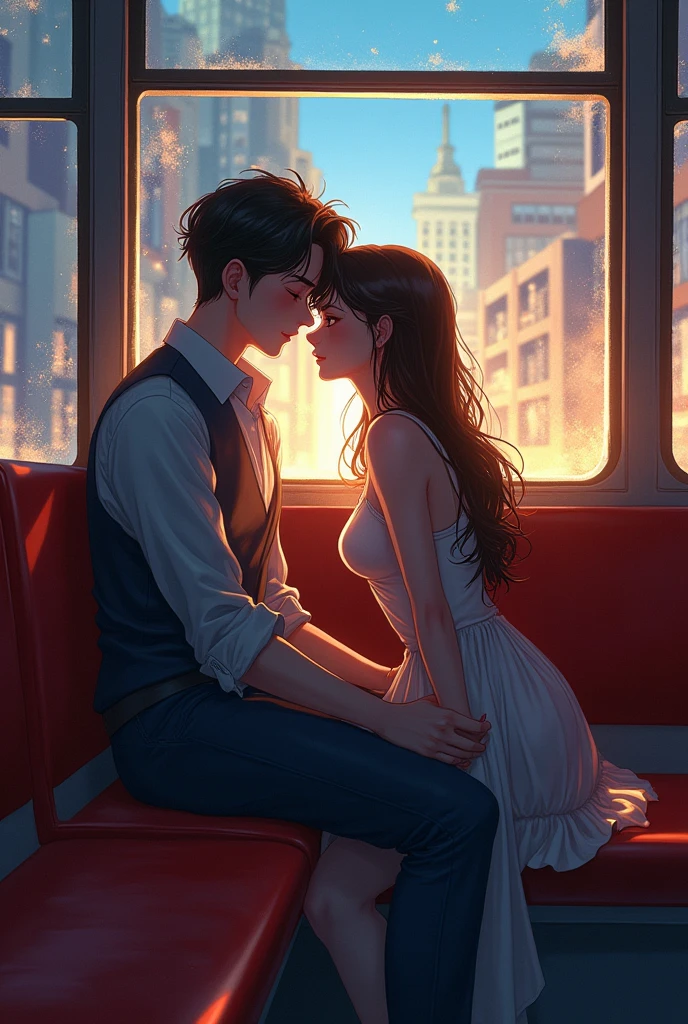 Anime couple sitting on a bus together in the city, Written by Lu Ji, Warlop Painting Style, art of Wlop, From wlop, by Tandy, Urban Fantasy Romance Book Cover, Uropa Art, By An Zhengwen, cgsociety 9, by Li Di, by Yao Tingmei, Artgerm and Ilya Kusinov, Sleep with love