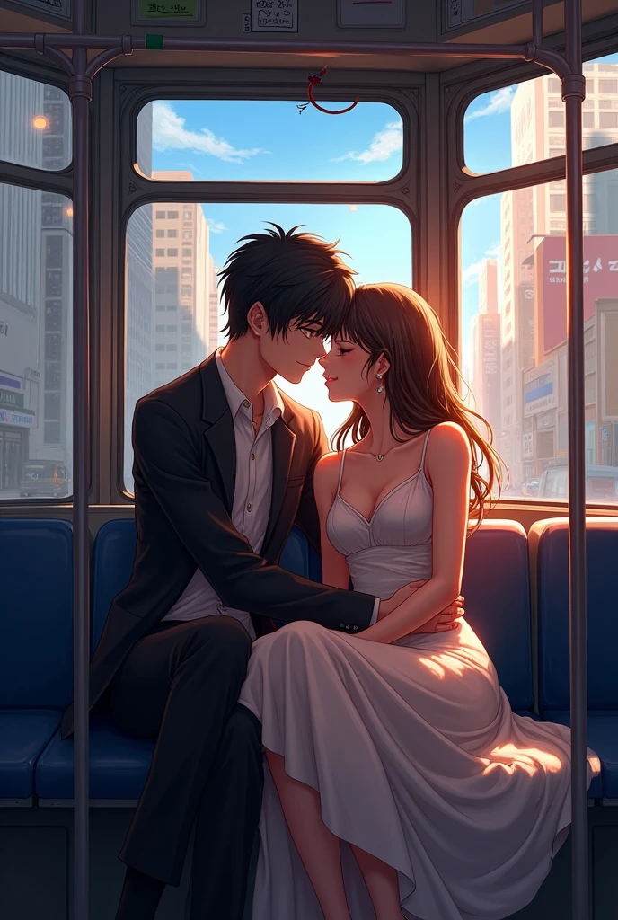 Anime couple sitting on a bus together in the city, Written by Lu Ji, Warlop Painting Style, art of Wlop, From wlop, by Tandy, Urban Fantasy Romance Book Cover, Uropa Art, By An Zhengwen, cgsociety 9, by Li Di, by Yao Tingmei, Artgerm and Ilya Kusinov, Sleep with love