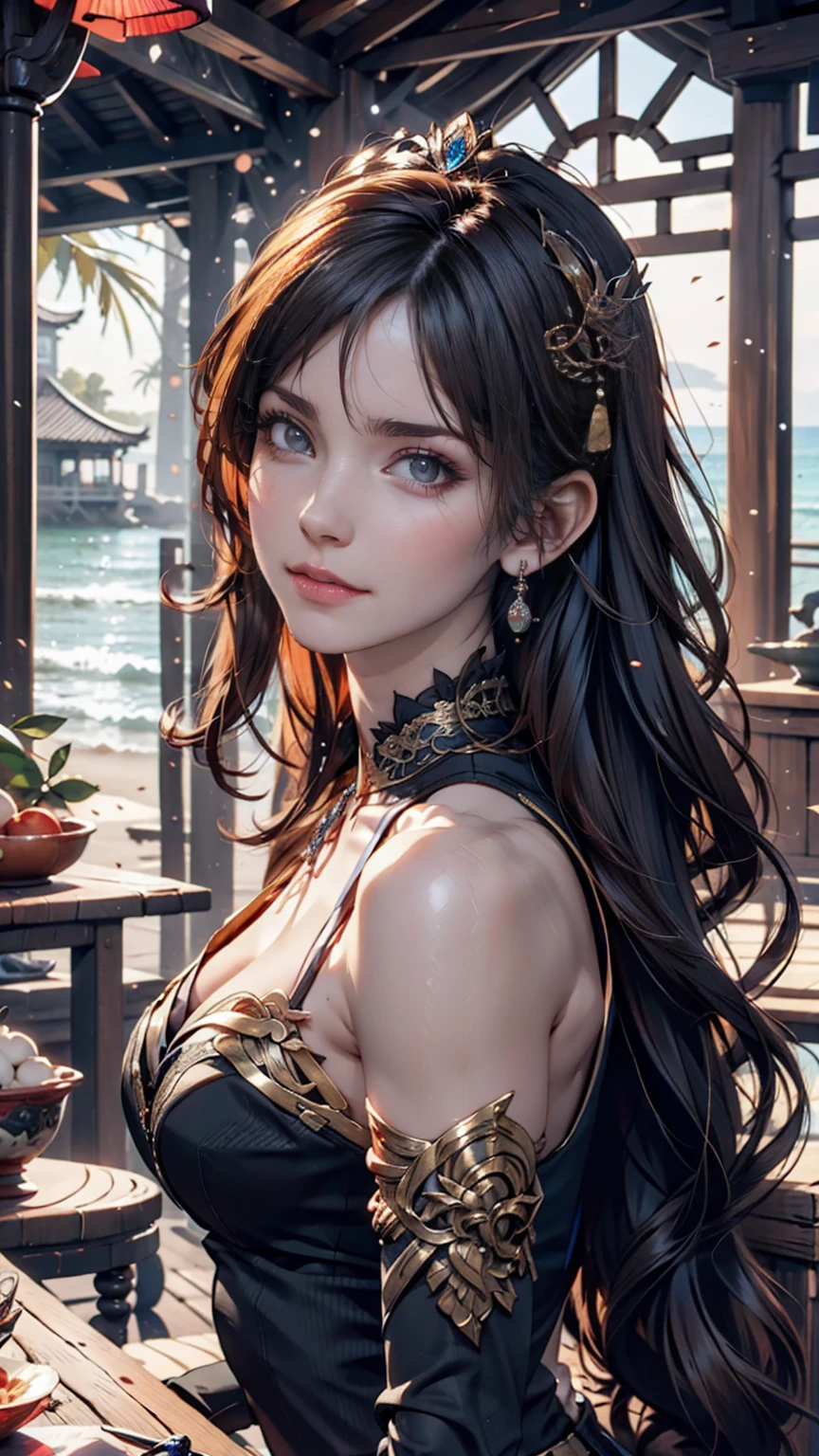 There is a woman sitting on the beach holding a watch, Queen of the Sea Mu Yanling, Beautiful digital art, Highly detailed digital art in 4K, Beautiful Fantasy Empress, 8K high quality, detailed art, Fantasy Beautiful, Jan J, Beautiful gorgeous digital art, Gwaiz, artwork in the style of Gwaiz, Beautiful fantasy art, Chinese Fantasy