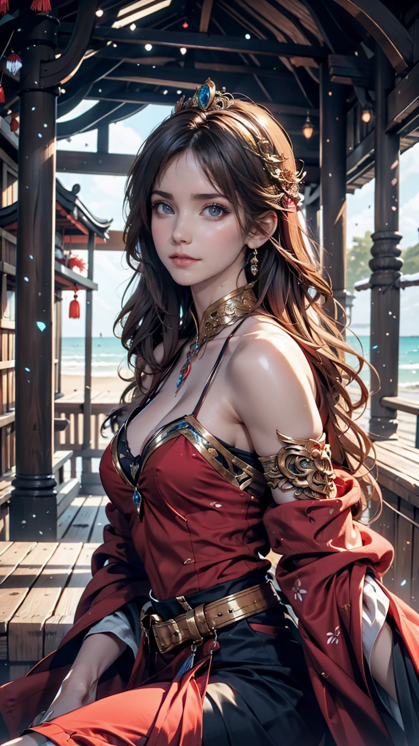 There is a woman sitting on the beach holding a watch, Queen of the Sea Mu Yanling, Beautiful digital art, Highly detailed digital art in 4K, Beautiful Fantasy Empress, 8K high quality, detailed art, Fantasy Beautiful, Jan J, Beautiful gorgeous digital art, Gwaiz, artwork in the style of Gwaiz, Beautiful fantasy art, Chinese Fantasy