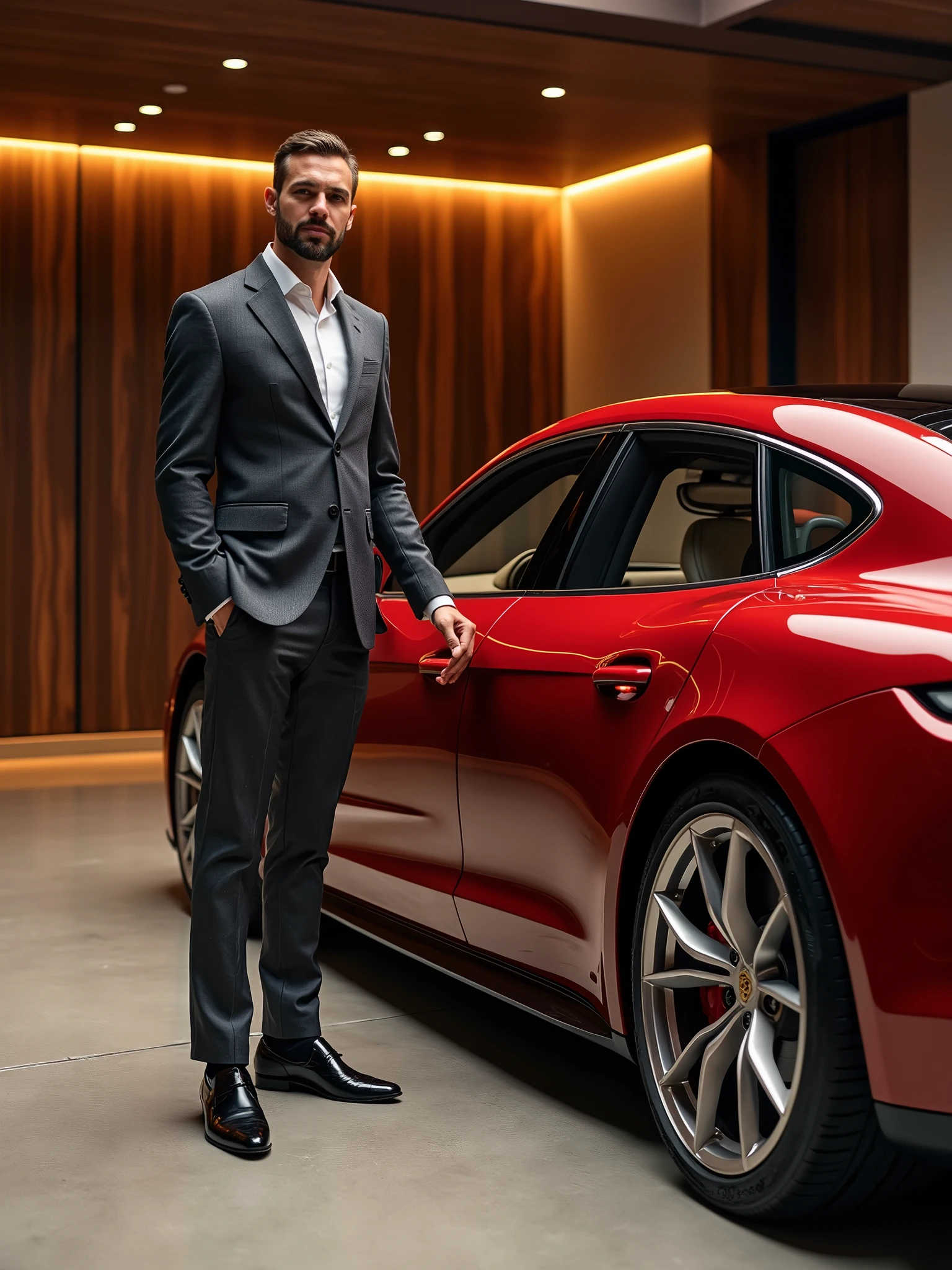 1.0 - Official Launch" Precision - SDXL LoRA" Interiors - SDXL LoRA" A crimson red Porsche Panamera Turbo S E-Hybrid is parked in an ultra-luxurious garage, where every detail exudes opulence and sophistication. The garage floor is made of polished concrete, reflecting the car's sleek curves and creating a mirror effect. The walls are clad with elegant, dark wood paneling, interspersed with sections of exposed carbon fiber and glass, giving the space a modern and timeless feel. The overload, soft, recessed lighting emits a warm tone, gold glow, highlighting the carbon fiber wheels and chrome details of the Porsche. The panoramic sunroof allows the ambient lighting to play across the car’s beige leathery interior with Carmine Red stitching, showing the meticulous craftsmanship. To the side, a vintage leathery armchair and a glass coffee table with a decanter of fine whiskey suggest a space designed not just for cars, but for relaxation and contemplation. | André is next to the car, his hand resting casually on the carbon fiber door trim. He is dressed in a bespoke charcoal gray slim-fit suit that matches the modern luxury of the surroundings. Your posture is relaxed, with one hand in his pocket and a slight smile on his face, as if he appreciates the silent elegance of the space. The camera captures this scene from a wide low-angle shot, emphasizing the grandeur of the garage and the Porsche's dominance within it. A 50mm lens with an f-stop of/1.4 is used to achieve a soft, cinematic bokeh effect, keeping the focus on André and the car while subtly blurring the background. The camera slowly zooms in, focusing first on the intricate details of the car, then shifting to André's composed expression, and finally in the luxurious environment. A warm filter enhances the rich tones of the wood, leathery, and finishing of the car, creating an atmosphere of understated luxury and exclusivity