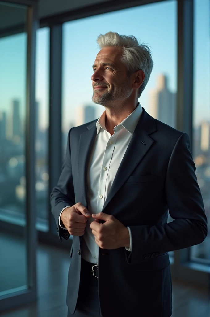(best quality, masterpiece, 8K, photorealistic, cinematic lighting, hdr image, ultra detailed, beautiful image), a mature man, very handsome, smile, short white hair, blue eyes, perfect face without errors, in a office looking trough the window ((buttoning the jacket, CEO))