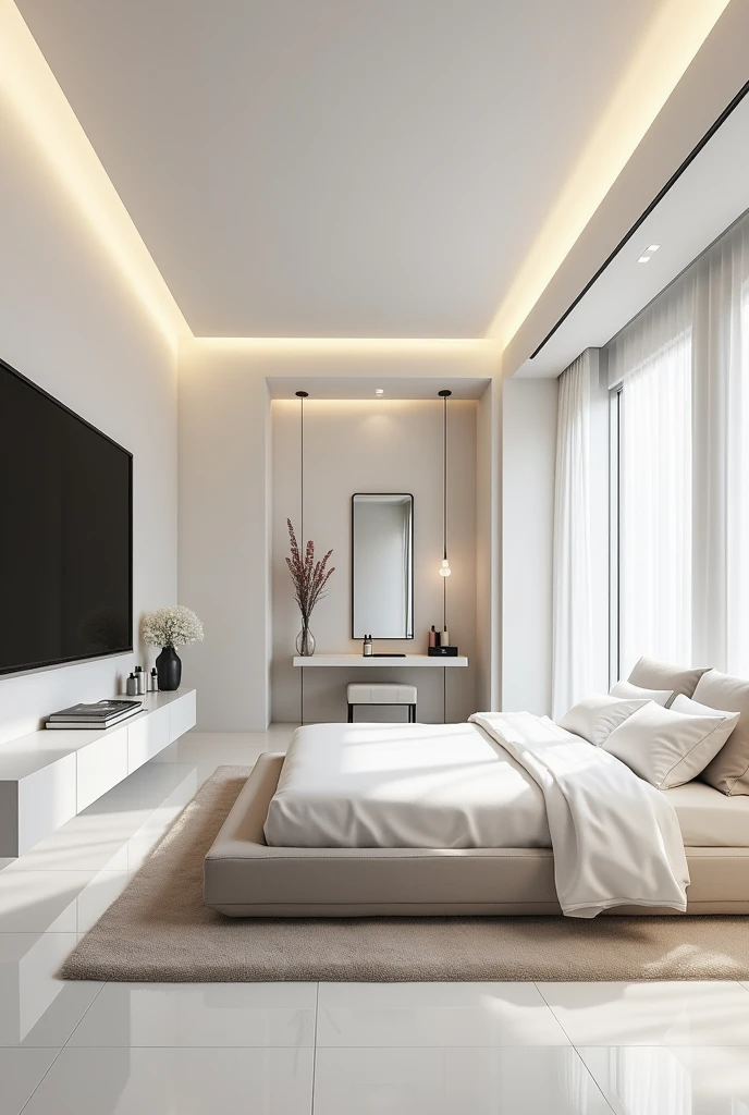 large white room , with a large bed, giant tv,  lamp on the ceiling, a full-length mirror and a vanity table for putting on my makeup 