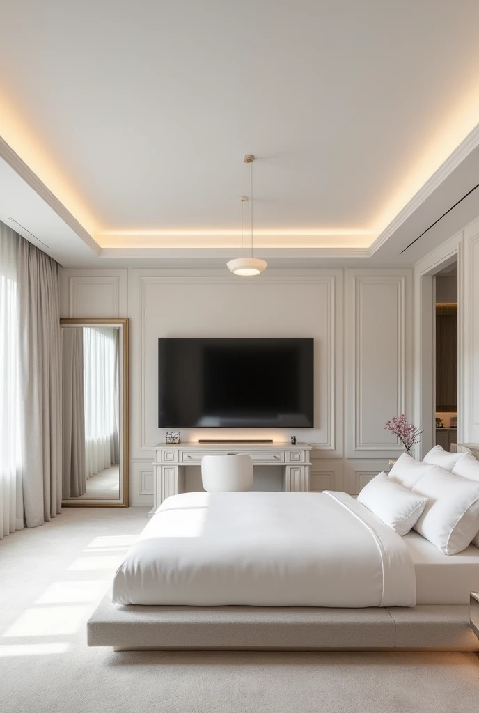 large white room , with a large bed, giant tv, lamp on the ceiling, a full-length mirror and a vanity table for putting on my makeup