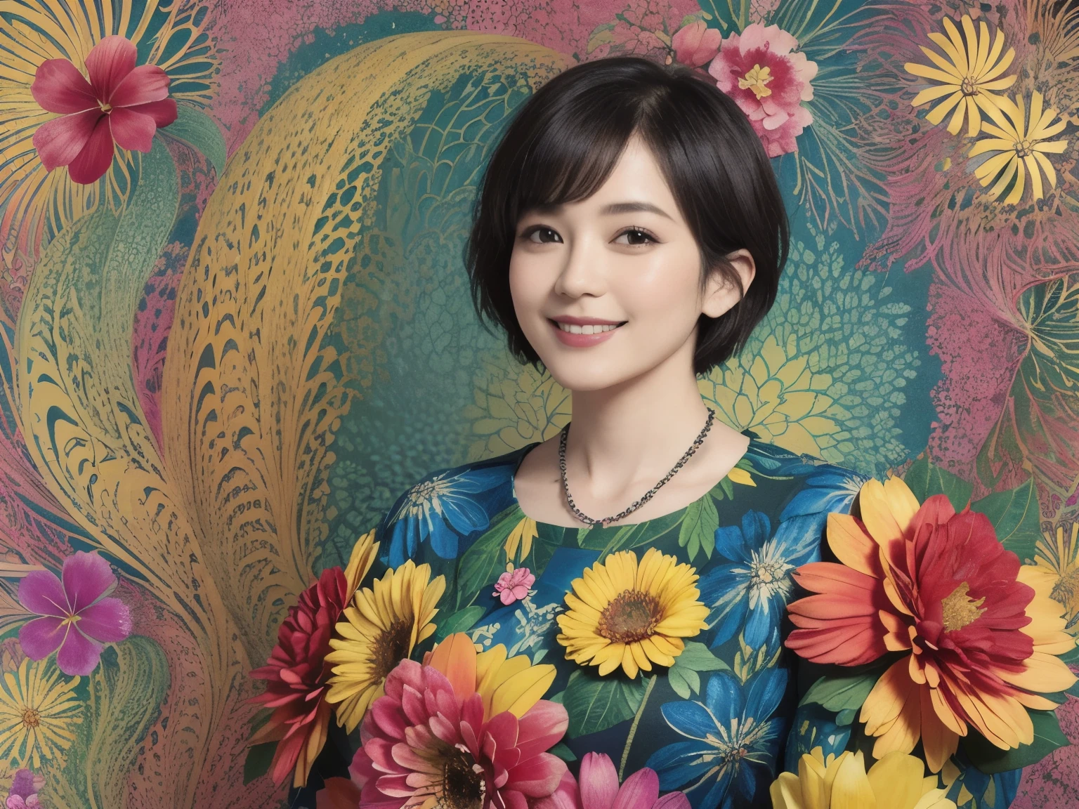273 (20-year-old woman,short hair), (beautiful:1.2), (Fractal Art:1.1), (flower:1.3), whole body, (Abstract background:1.3), (Many colors:1.4), (Old-fashioned smile), (Hawaii), (Wave:1.1)