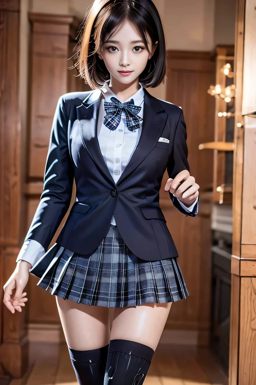 (8k, RAW Photos, Highest quality, masterpiece:1.2、RAW Photos), ((masterpiece:1.4))、((A woman with light black short hair:1.4))、((Wearing a blue plaid pleated skirt:1.4))、((Wearing a tight black suit:1.4))、((Stand in the hotel bedroom))、Sexy Costumes、Stylish and gorgeous, Sexy Costumes, clothing、Sexy look、suit、(suit:1.4))、((Confused expression:1.4))、((Black knee-high socks:1.4))、Ecstatic smile