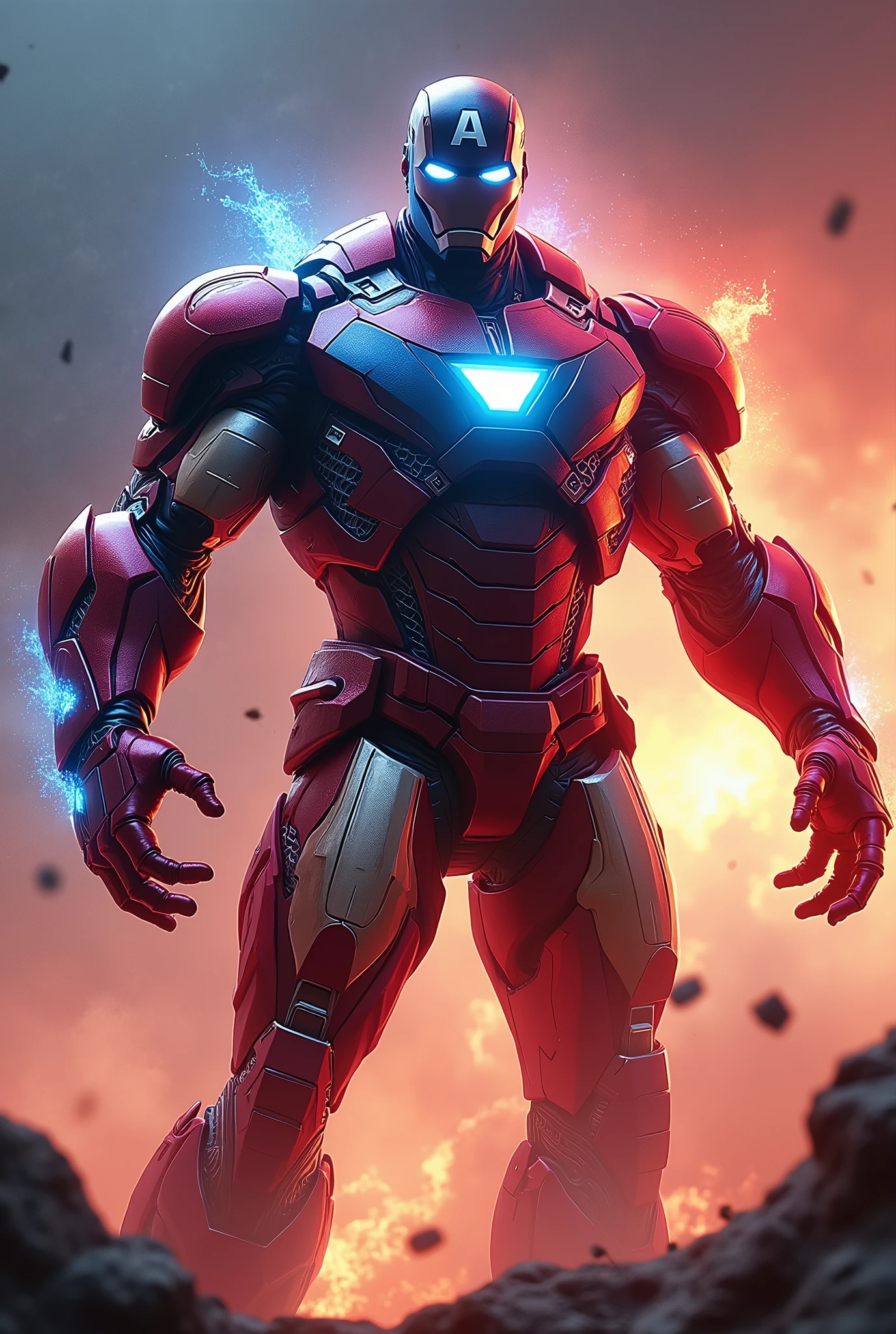 a fiercely dynamic hybrid creature, a mix of captain america and ironman, (best quality,4k,8k,highres,masterpiece:1.2),ultra-detailed,(realistic,photorealistic,photo-realistic:1.37),vibrant energy, intricate details, muscular build, gleaming metallic armor, glowing energy effects, dramatic pose, vivid colors, cinematic lighting, epic scale, cinematic composition