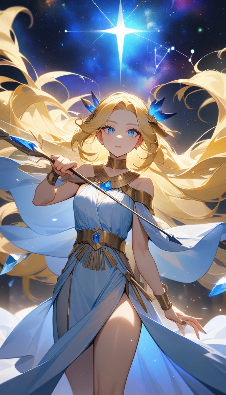 (Huang Li、high quality、Extremely detailed),Constellation-Sagittarius Goddess,Huge bow,The woman draws the bow and shoots an arrow.,Similar to Latin goodness,brave,capricious,Productivity,The face of enterprising and humanitarianism,Long yellow hair,Ancient Greek costumes、Wrap Dress,Dress conservatively,The background is a nebula,Crystal blue eyes(Eyes Details),Powerful appearance, Correct anatomy