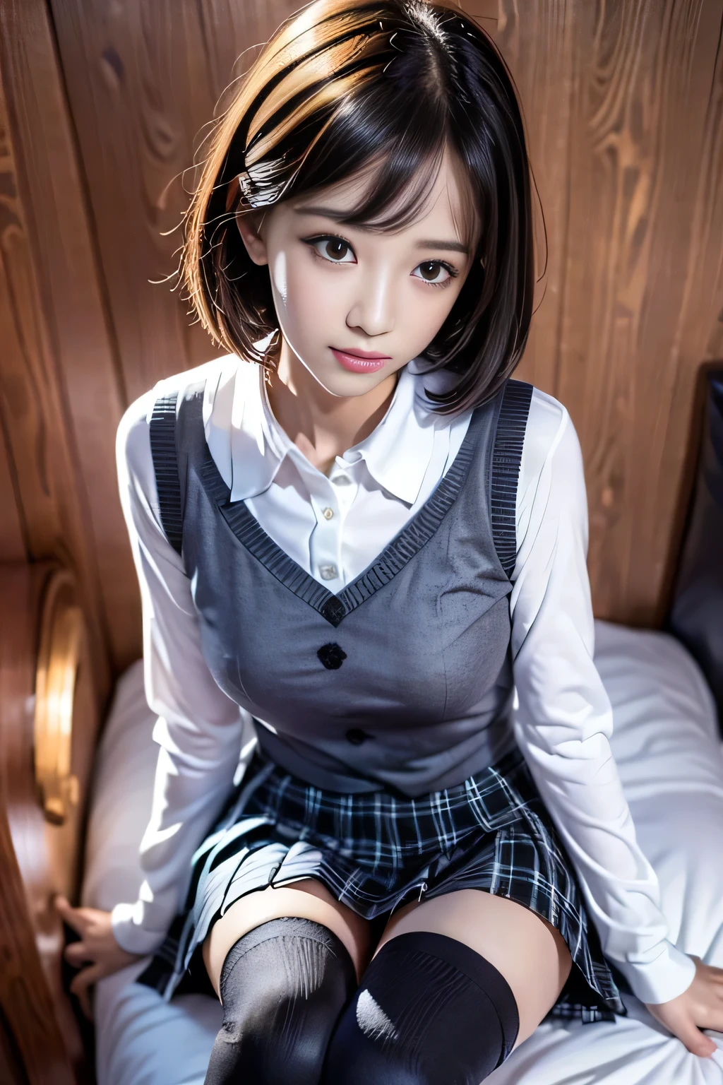  (8k, RAW Photos, Highest quality, masterpiece:1.2、RAW Photos), ((masterpiece:1.4))、((A woman with light black short hair:1.4))、((Wearing a blue plaid pleated skirt:1.4))、((Wearing a tight black suit:1.4))、((Stand in the hotel bedroom))、Sexy Costumes、Stylish and gorgeous, Sexy Costumes, clothing、Sexy look、suit、(suit:1.4))、((Confused expression:1.4))、((Black knee-high socks:1.4))、Ecstatic smile