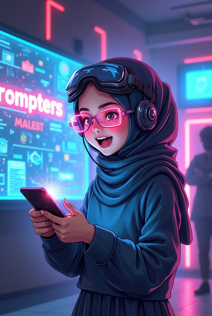 Akak2 bila cubaan prompt kali ke-100 menjadi 🤩
By Prompters Malaya

a futuristic style young wear hijab malay girl wearing futurist cyclops eyewear neon, holding playing a cyberpunk handheld with screen, excited face, with hologram of graphics and ideas floating around him, inside a gaming style room, "prompters malaya" text at the screen, digital illustration, neon, cyberpunk concept, advertising style, --ar 1:1 --v 6