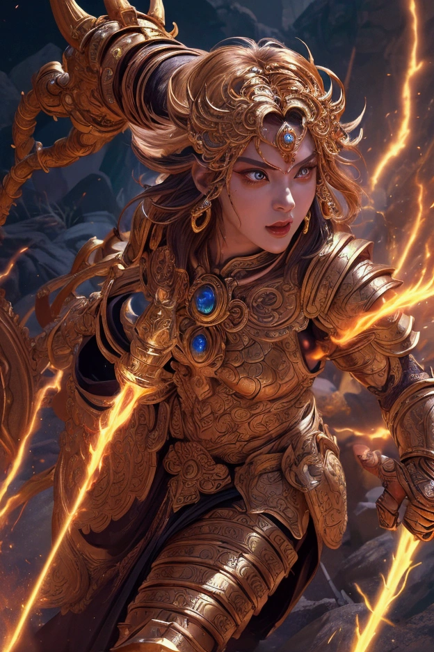 a powerful deity in mythological battle, monkey, detailed facial features, intricate armor, dynamic pose, glowing energy effects, dramatic lighting, highly detailed, 8k, award winning digital art, cinematic composition, vibrant colors, masterpiece