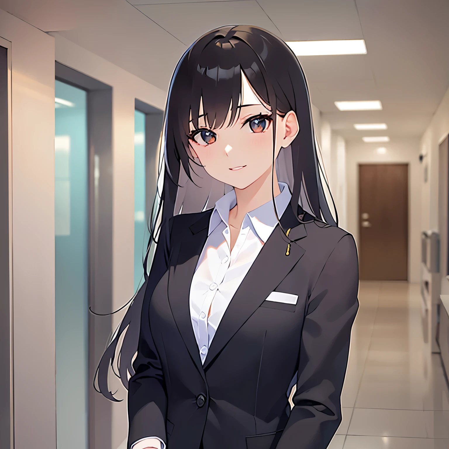 (looking at viewer:1.5)Upper Body, 
Realistic, real person, (pale skin: 1.2), RAW photo, photorealistic, shiny skin, shiny hair、(A 25-year-old woman with medium-length hair and bangs) and (wavy hair) and (brown hair) and (orange eyes) ,
(Wearing a business suit:1.5) and (Wearing a white collared shirt)、
smile, The background is an office hallway、Alone、Are standing、