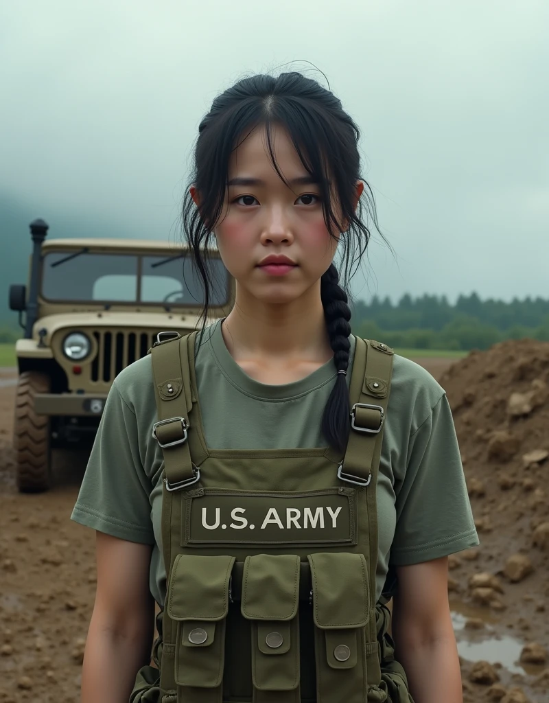 (best quality,8k,realistic photo:1.2),very detailed,realistic skin texture,army에서 복무하는 일본인 여성.S. army,t-shirt,Rugged terrain,Jeep stuck in mud,cloudy,bulletproof vest,cloudy 배경