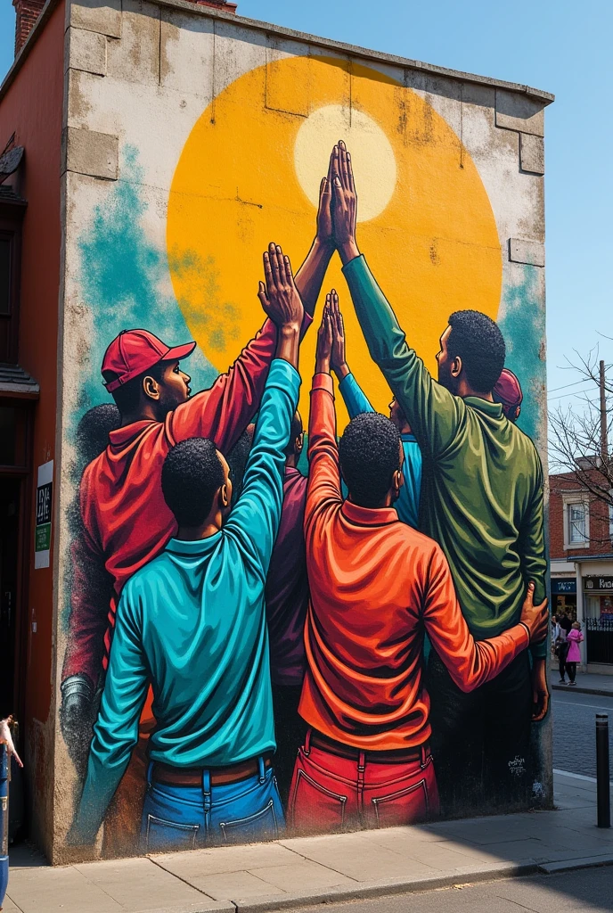 A mural with the theme of solidarity that has a characteristic drawing and the drawing style is street art. 