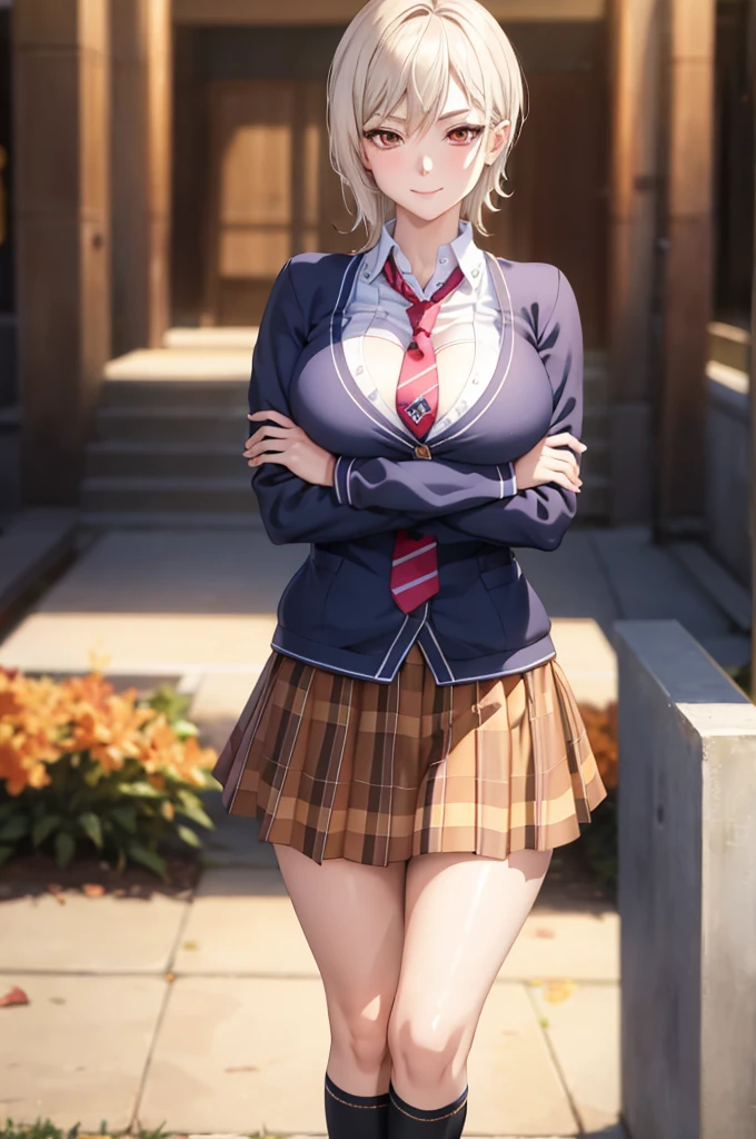 masterpiece, best quality, AliceKV4, 1girl, solo, looking at viewer, smile, anime coloring, skirt, standing, necktie, socks, plaid, plaid skirt, crossed arms, ((upper body)), cleavage, thigh, short skirt, sexy