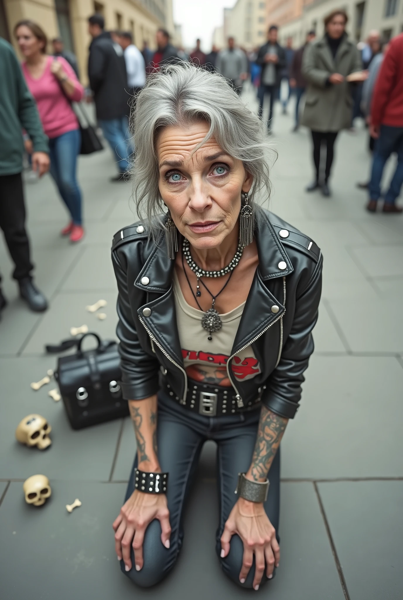 russian old woman, grey hair, very light blue eyes, extremely pale. Wearing cropped black moto jacket with lots of zippers and pins, t-shirt with guns and roses logo, dark skinny blue jeans and white tennis sneakers . Lots of metallic bracelets and collars. Tacky wide leather belt with oversized skulls and bones buckle. Long earrings. Kneeling like in a payer, humbitude Hands on her knees, thin legs and thin arms. A lot of people around, studded black leather tote bag on the floor,her belongings scattered nd. Badeges and pins on jacket. Leather gloves. Tattoed cleavage, handms