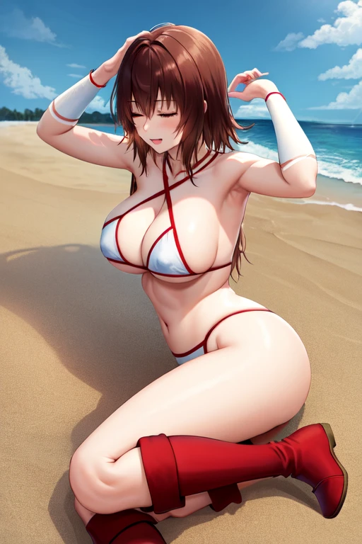 masterpiece, best quality, beautiful art, high resolution, well formed hands, body and fingers, 1 woman, solo, Ryouko Mikado, 31 years old, full body picture, grown up, adult, large and big breasted, cleavage, hair ornament, wearing a Tyris Flare outfit , white_bikini, full body, sexy and skimpy bikini, gorgeous hips, legs and thighs bouncing breasts, red boots,ryona,in peril, she is defeated, knocked out, passed out, closed eyes, fainting, exhausted, unconscious, laying down on the sand, extended exposed body, full body on the sand, breathing heavily, sexy smirk on her face, bouncing breasts, sexy defeated and KO pose, defeat and KO scene, fallen beauty, martial arts tournament with beach environment 