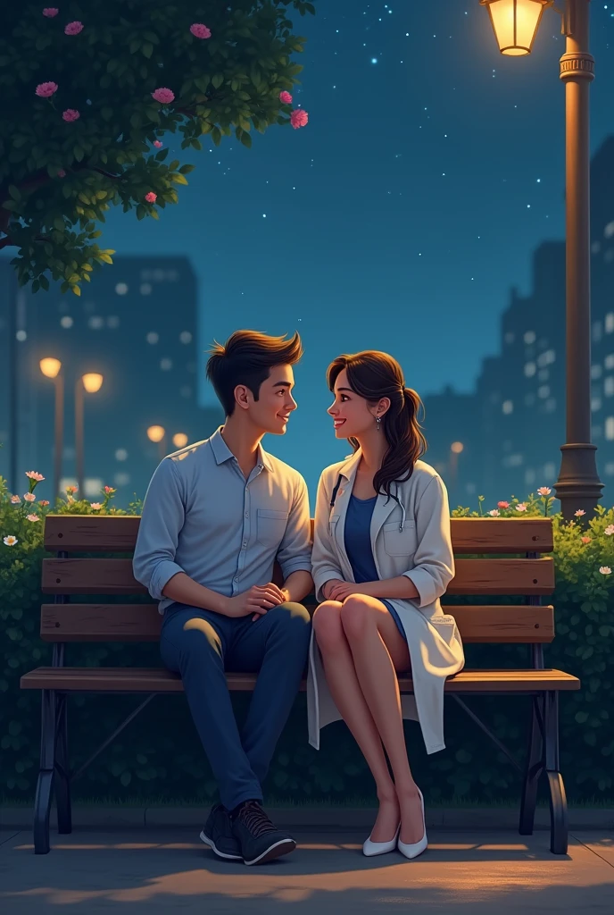 An civil engineer boy and doctor girl sitting on the bench at night