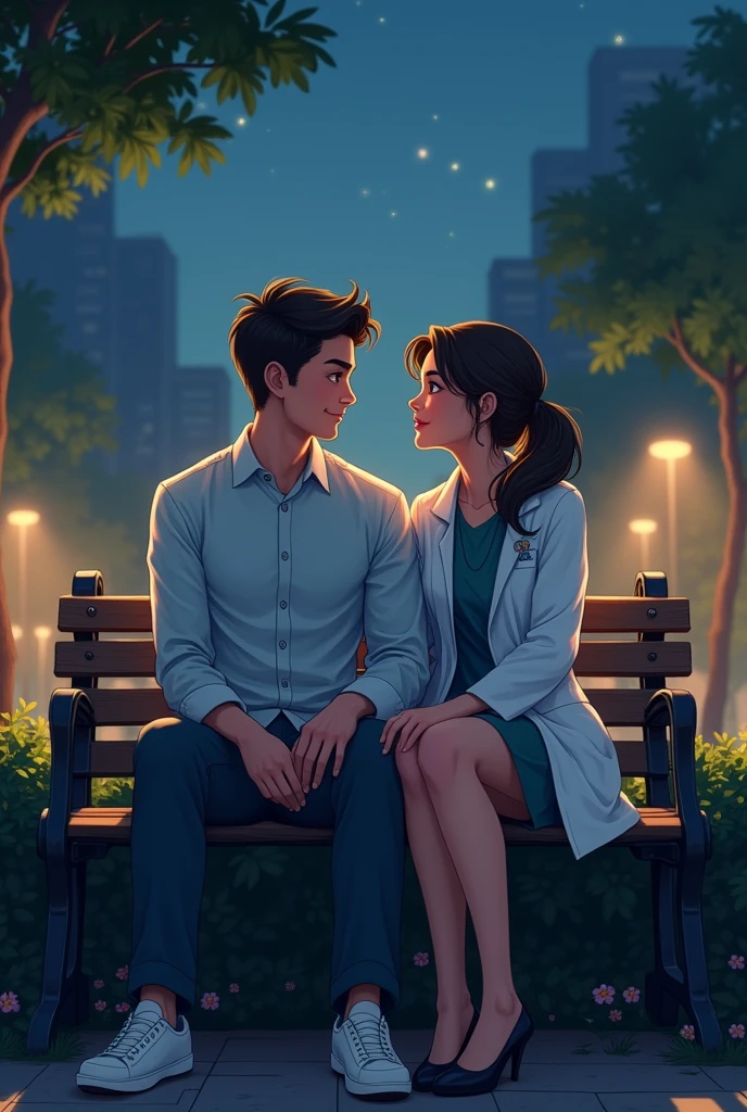 An civil engineer boy and doctor girl sitting on the bench   at night