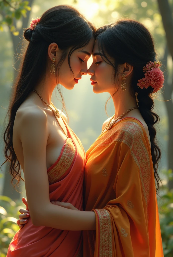 A very beautiful japanese girls kissing ,very real,wear indian saree,breast size medium