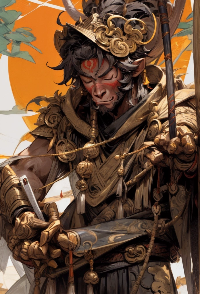 Close-up:A young monkey man, Close your eyes and meditate,wukong, sun wukong, From Warcraft, Marmoset Rendering, Sun Wukong, Humanoid monkey fantasy race, Inspired by Li Kan, elder, 3D ape-man shaman profile portrait, Lineage 2 Style, Inspired by Li Gonglin, An orc