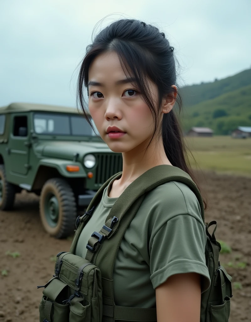(best quality,8k,realistic photo:1.2),very detailed,realistic skin texture,army에서 복무하는 한국인 여성. army,t-shirt,Rugged terrain,Jeep stuck in mud,cloudy,bulletproof vest,cloudy 배경