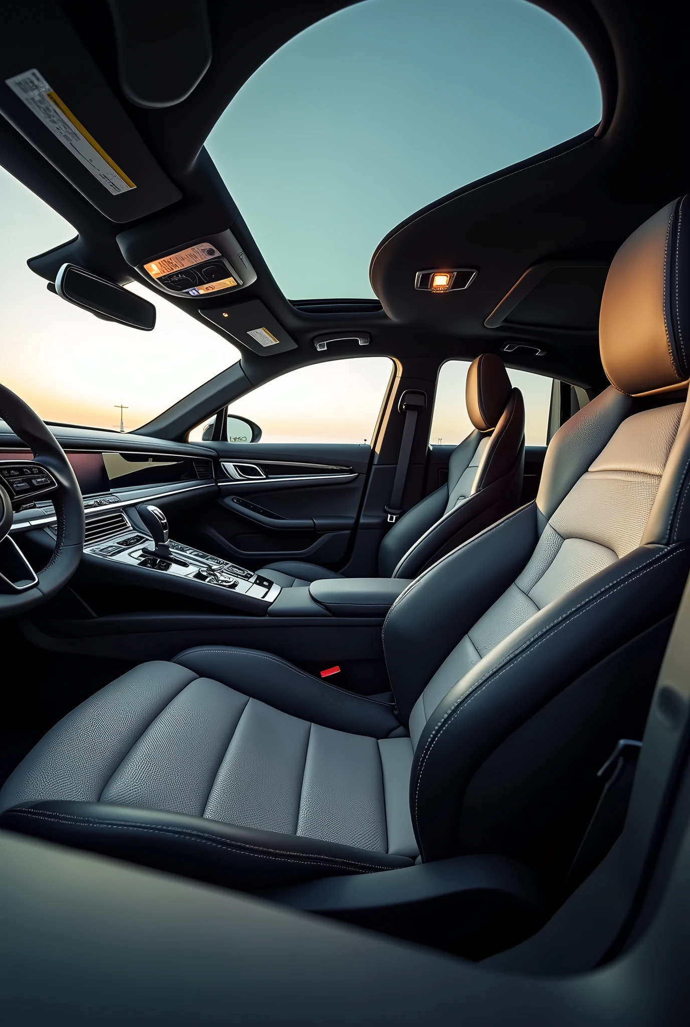 a selfie photo taken from a diagonal angle inside a sports car. The photo was taken using a state-of-the-art iPhone, capturing a portion of the panoramic sunroof, the front and rear seats, and the passenger door of a Porsche Panamera Turbo S, with its beautiful, modern and sophisticated custom interior design, UHD, masterpiece, super detail, best quality, 8k