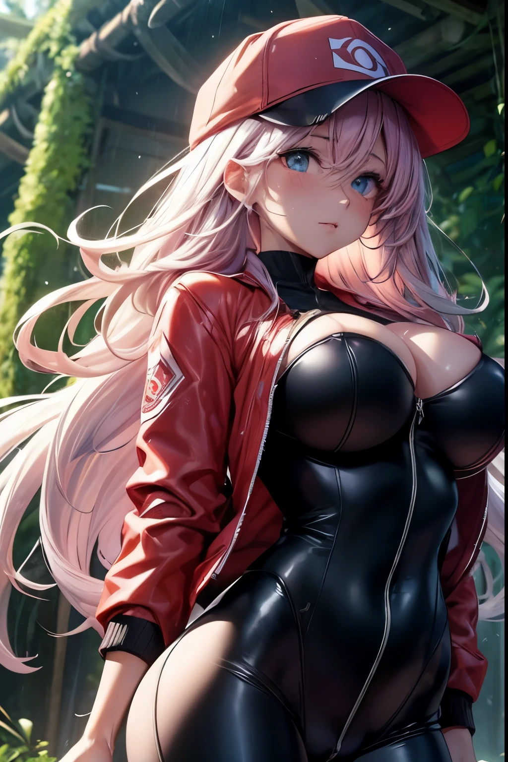 1female,35yo,Japanese,gigantic cleavage breasts,Pornographic exposure, solo,(Background with:ln the forest,the rainforest,In summer) She has long pink hair,standing on your feet,Sweat profusely,drenched all over the body,seen from the front, hair straight, dishiveredhair,mostly cloudy sky,(((tmasterpiece),(Very detailed CG unity 8K wallpaper),best qualtiy,cinmatic lighting,detailed back ground,beatiful detailed eyes,Bright pupils,blue color eyes(Very fine and beautiful),(Beautiful and detailed eye description),ultra - detailed,tmasterpiece,)),facing at camera,A high resolution,ultra - detailed),revealing breasts,Bare genitals, Bulge,Camel toes,Raised sexy,Flushed complexion,Open-mouthed,frontage,baseball cap,(Wearing:Red baseball jacket,with no underpants,Black jumpsuits)nakeness,high-heels