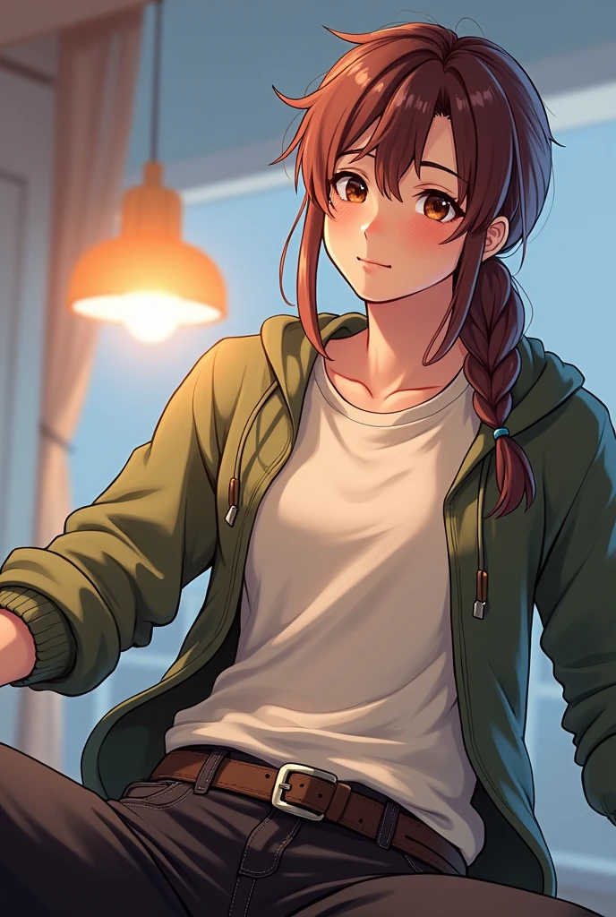 With a blushing face, casual clothes 