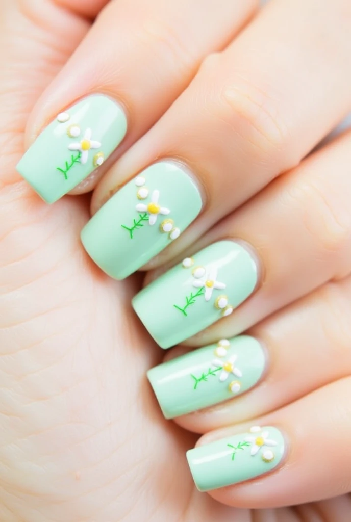 Easy spring daisy chain nail art for beginners. Start with a light mint green base on all nails. Once dry, use a dotting tool to create a row of white dots across each nail - these will be your daisy petals. No need for perfect circles! Around each white dot, add 5-6 smaller white dots to complete each flower. Finish with a small yellow dot in the center of each daisy. Connect the flowers with a thin green line using a striper brush or toothpick. This simple design is forgiving and charming, perfect for nail art novices.