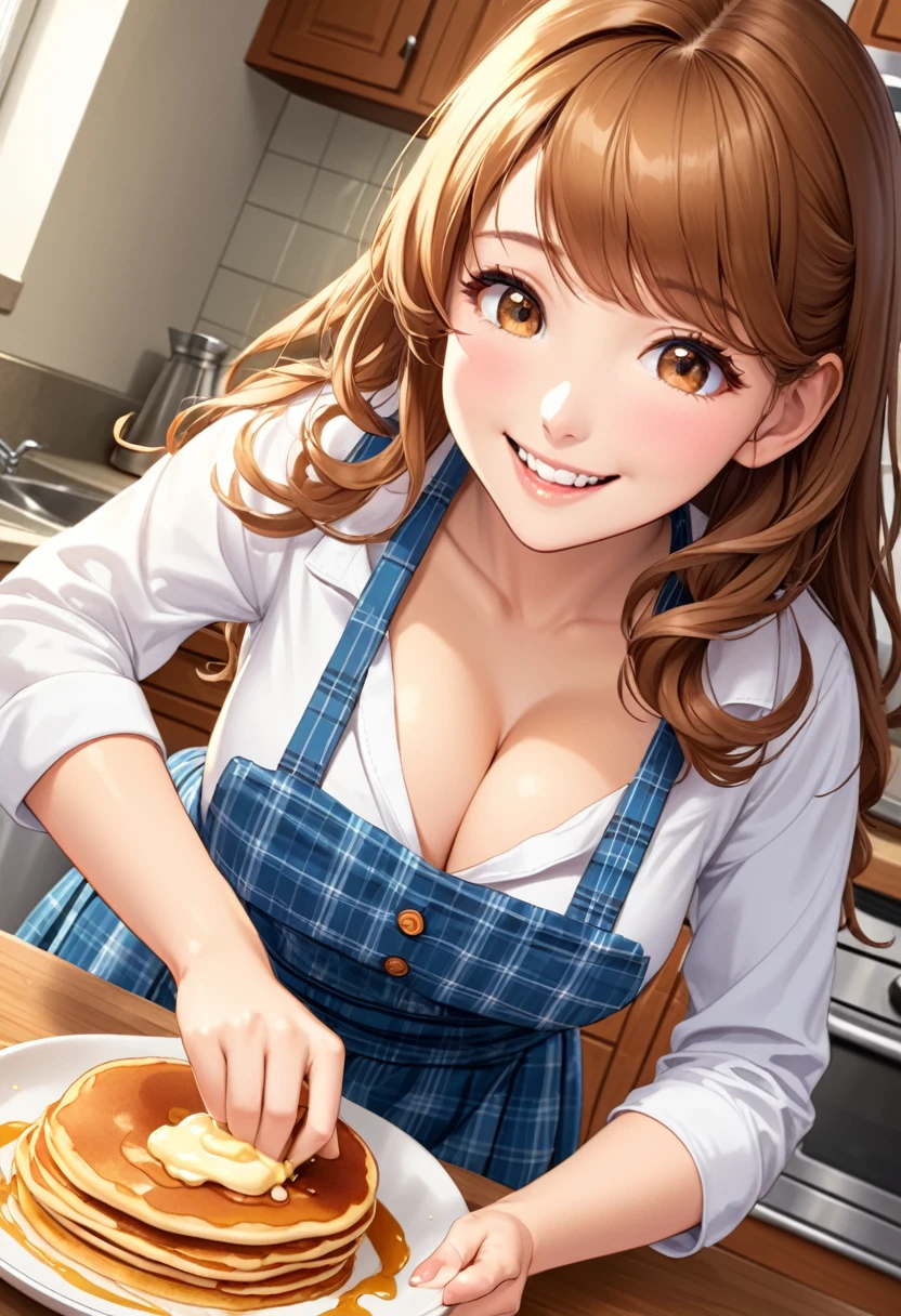 detailed illustration, dynamic angle, ultra-detailed, illustration, 1girl, 28 year old, milf, apron, blue blue jeans, thighs, wavy brown hair, long hair, bright brown eyes, cleavage, large breasts, standing in a kitchen, countertop, mixing bow of pancake batter, smiling, naïve, blushing, horny, happy, joy, delight, surrounded by 5 mini versions of the big girl wearing white blouse and blue plaid skirt,